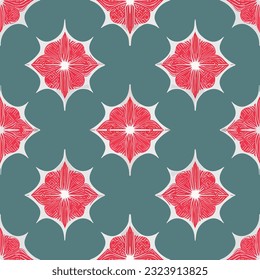 Lebhafte rote und weiße Blumen blühen auf sonnenblauem Hintergrund und zeigen Pfefferminzmotive. Das nahtlose Muster-Design umfasst luftige Einflüsse, die zu fesselnden visuellen Effekten führen.