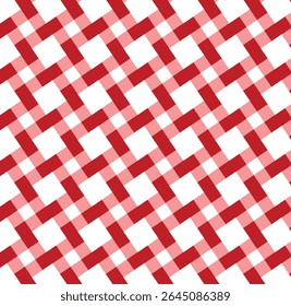A vibrant red and white gingham pattern creates a visually appealing seamless background. This checkered design features a classic diagonal arrangement, perfect for a variety of design applications. 