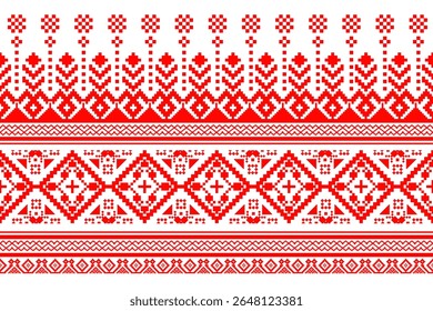 Vibrant Red and White Pixel Art Ethnic Seamless Pattern with Bold Geometric and Floral Elements. Traditional Folk Embroidery Digital Textile Design.