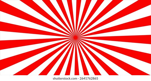 Vibrant red and white radial sunburst pattern with converging lines creating a bold optical and geometric visual effect.
