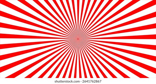 Vibrant red and white radial sunburst pattern with converging lines creating a bold optical and geometric visual effect.
