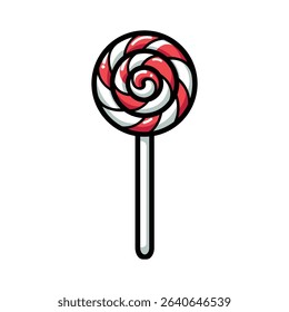 A vibrant red and white spiral lollipop vector illustration. Perfect for candy, dessert, sweet shop, or children's themes. Isolated on white.
