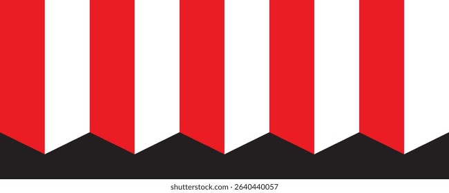 Vibrant red and white striped banner pattern, ideal for festive occasions, celebrations, or dynamic backgrounds. This eye catching design evokes a sense of joy, unity, and national spirit