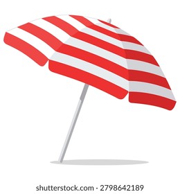 A vibrant red and white striped beach umbrella casting a subtle shadow on a light background, perfect for summer themes and outdoor leisure