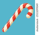 A vibrant red and white striped candy cane set against a blue background