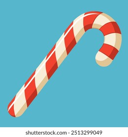 A vibrant red and white striped candy cane set against a blue background