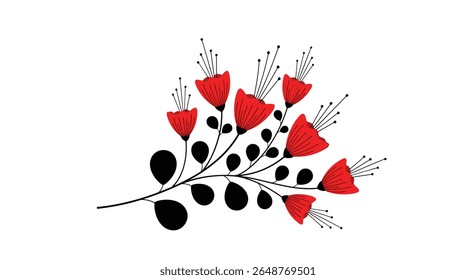 Vibrant red wildflowers gently swaying on a delicate branch with dark leaves