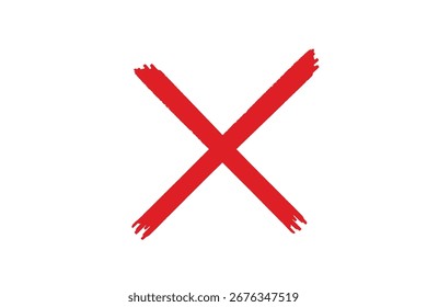 Ein lebendiges rotes 'X'-Zeichen, das mit einem strukturierten, pinselartigen Strich erstellt wurde. Dieses Symbol stellt im Allgemeinen eine Fehlerhaftigkeit, eine Stornierung oder eine negative Auswahl dar. Einzeln auf weiß.