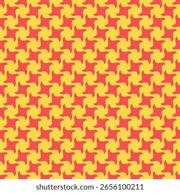 Padrão geométrico vermelho e amarelo vibrante.  Design moderno e perfeito, ideal para impressões têxteis, fundos de sites ou projetos decorativos.  Formas audazes e repetitivas criam um visual dinâmico e energético.