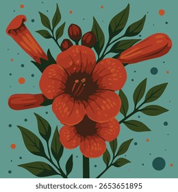 Uma vibrante flor de trompete vermelho-laranja com folhas verdes em um fundo azul-petróleo, decorada com pontos coloridos dispersos.