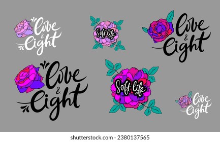Vibrant Red-Purple Flowers with Inspirational Words in Calligraphic Script. Vector set.