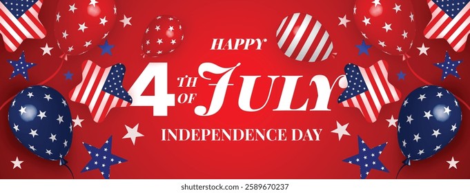 Vibrant red-themed 4th of July independence day banner with American flag balloons, stars, and patriotic elements