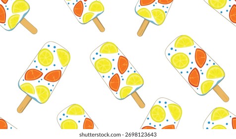 Um padrão contínuo vibrante e refrescante de picolés de frutas decorados com fatias de limão e laranja e polvilhos azuis, colocados contra um fundo branco limpo.