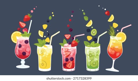 Ein lebendiges und erfrischendes Set von fünf verschiedenen Sommercocktails und Fruchtgetränken in großen Gläsern, garniert mit frischem Obst.