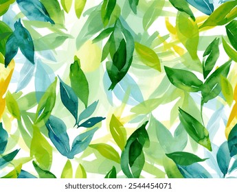 Vibrant and refreshing watercolor seamless pattern of array of green leaves. Botanical design evokes the beauty of spring with its bright and cheerful hues. Delicate brushstrokes and overlapping leaf