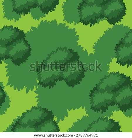 A vibrant, repeatable illustration featuring a dense, aerial view of a stylized forest canopy, park, or jungle landscape. This seamless pattern showcases stylized dark green bushes and lush, lighter green ground or grass, creating a continuous natural texture. Ideal for graphic backgrounds, fabric prints, textile products, game map textures (such as top-down RPGs), or any design needing an eco-friendly and playful nature motif.