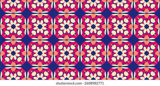 A vibrant repeated vector pattern featuring symmetrical, floral-like shapes in pink, orange, and cream on a navy background.