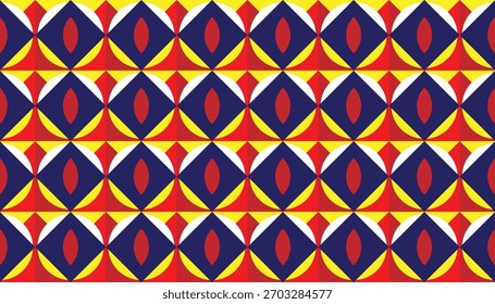 A vibrant repeating design with multi-layered oval and diamond-like shapes in contrasting primary colors. Its playful yet structured appearance