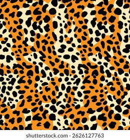 Vibrant, repeating design with spots in orange, black and white. The pattern suggests an animal skin design.