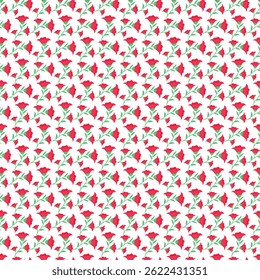 Vibrant repeating floral pattern featuring red petal shapes and green leaves, creating a cheerful decorative design perfect for textiles, backgrounds, and holiday themes.
