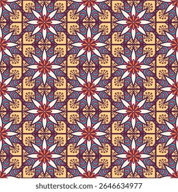 A vibrant, repeating floral pattern featuring intricate designs in warm colors, suitable for textiles or wallpaper.