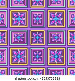 Um padrão floral geométrico repetitivo vibrante com flores estilizadas dentro de bordas quadradas aninhadas coloridas contra um fundo roxo profundo