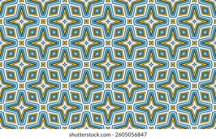 A vibrant, repeating geometric pattern featuring star-like shapes and bold outlines in teal, gold, and white.