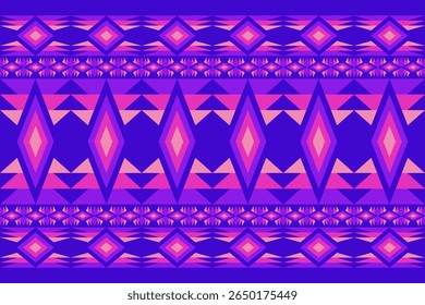 A vibrant repeating geometric pattern featuring diamonds and triangles in shades of purple and pink against a dark blue background