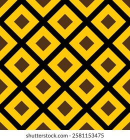 A vibrant, repeating geometric pattern of yellow squares and black lines forming intricate diamond shapes.