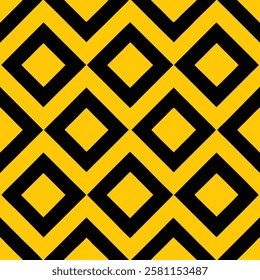 A vibrant, repeating geometric pattern of yellow squares and black lines forming intricate diamond shapes.