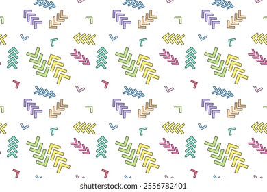 Vibrant repeating pattern of colorful arrows, chevrons, and check marks on a white background.