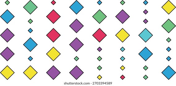Um padrão vibrante e repetitivo de formas de diamante colorido em vários tamanhos e matizes espalhados por uma superfície branca.