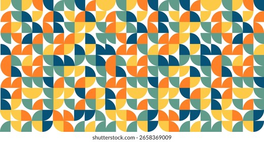 vibrant and repeating pattern composed of colorful semicircles in shades of teal, blue, orange, and yellow on a white background. 