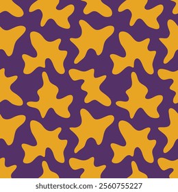 A vibrant repeating pattern featuring abstract yellow shapes set against a rich purple background. This eye-catching design is perfect for textiles, wallpapers, and various graphic design applications