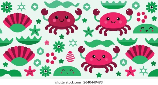 A vibrant, repeating pattern featuring cartoon crabs, starfish, seashells, and other sea-themed elements. The design is cheerful and playful.
