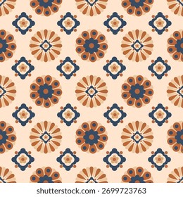 A vibrant, repeating pattern featuring floral designs in warm colors on a light background, ideal for textiles or wallpaper.