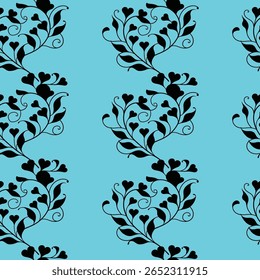 Um padrão de repetição vibrante com vinhas intrincadas adornadas com corações em negrito preto contra um fundo azul brilhante. Este design animado capta uma sensação de alegria e romance, tornando-o ideal.