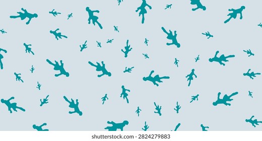 A vibrant, repeating pattern featuring numerous teal silhouettes of skydivers in various freefall positions against a light blue background, creating a dynamic and energetic visual.