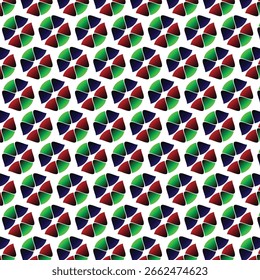 Vibrant repeating pattern featuring stylized, overlapping leaf shapes in rich red, deep blue, and bright green. The seamless design offers a dynamic, energetic mood