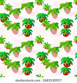 Vibrant repeating pattern featuring stylized potted tropical palm plants in green tones with pink pots and soft peach shadows. Ideal for textiles, wallpapers, packaging, and digital backgrounds.