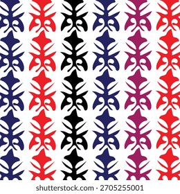 Un patrón vibrante y repetitivo con motivos florales estilizados o como hojas en colores rojo, azul, negro y púrpura sobre un fondo blanco.