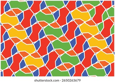 Padrão vibrante e repetitivo de formas geométricas multicoloridas e entrelaçadas.
