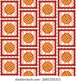 Vibrant repeating pattern of lattice pies on red-and-white checkered backgrounds, evoking cozy, nostalgic baking charm