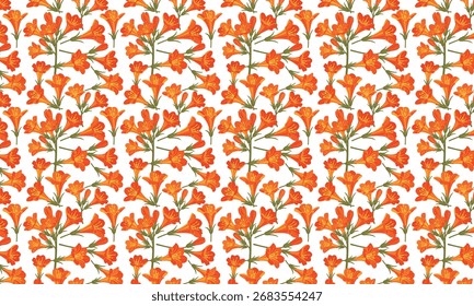 Um padrão vibrante e repetitivo de flores cor de lírio cor de laranja com caules verdes e folhas em um fundo branco limpo.