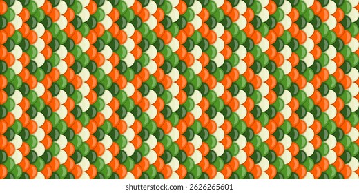 Vibrant, repeating pattern of overlapping circles in green, orange, and cream.  Ideal for festive designs, textiles, packaging, and digital projects.