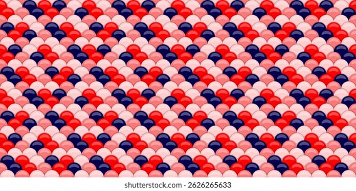 Padrão vibrante e repetitivo de círculos sobrepostos em vermelho, rosa e azul-marinho.  Perfeito para designs têxteis, fundos de site ou marca divertida.
