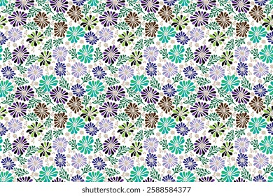 A vibrant, repeating pattern of stylized flowers and foliage on a white background.