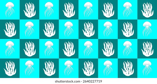 A vibrant, repeating pattern of stylized jellyfish and seaweed in white against alternating teal and dark teal squares, perfect for backgrounds, textiles, or digital design projects.