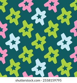 A vibrant, repeating pattern of stylized stars in pastel pinks, light blues, and lime greens against a deep teal and dark green background.