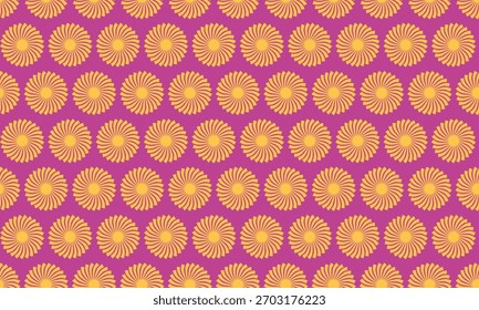 Vibrant repeating pattern of sunburst motifs on a rich magenta background.  Perfect for textile designs, website backgrounds, or any project needing a cheerful, retro vibe.